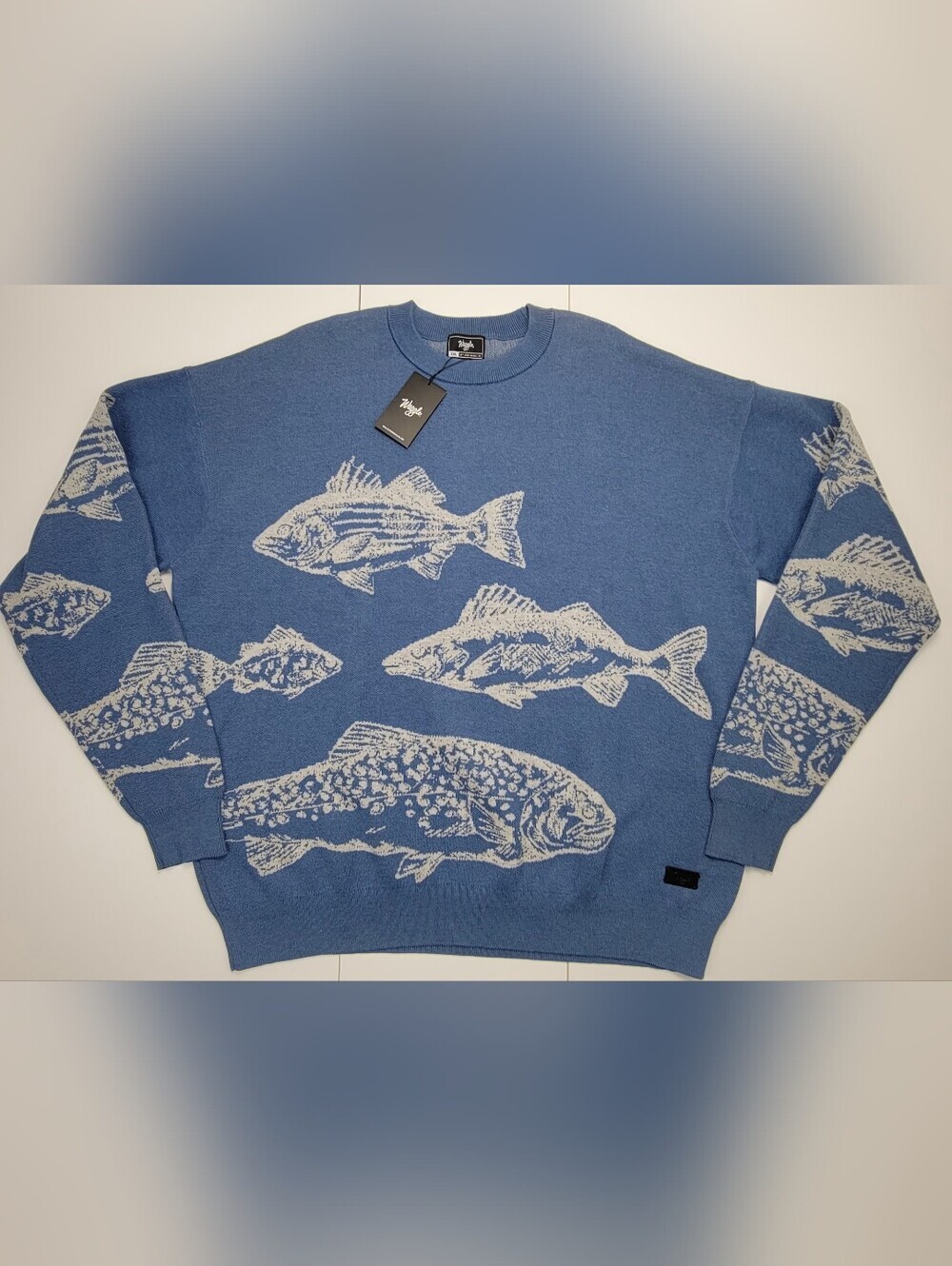 Waggle Freshwater Wildknit Crewneck Sweater Mens 2XL Blue Fish Pattern Pullover